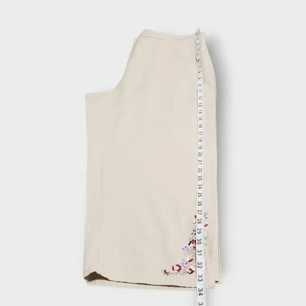Vtg Fashion Bug Linen Blend Floral Embroidered Crop Pant Medium Neutral Tan NWOT